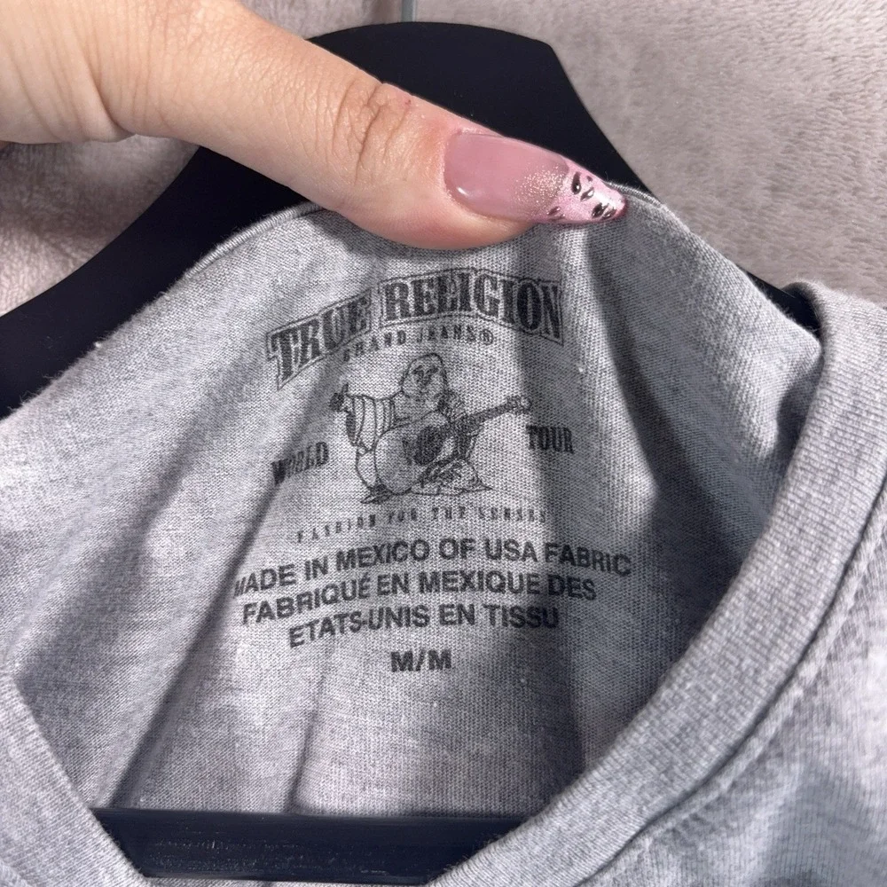 True Religion V Neck Shirt Mens Size Medium Gray Buddha Logo Retro Classic